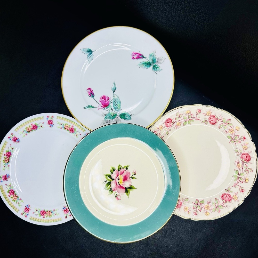 4 Vtg Mismatched China SALAD Luncheon Plates Plate Set Mixed Floral Teal Gold